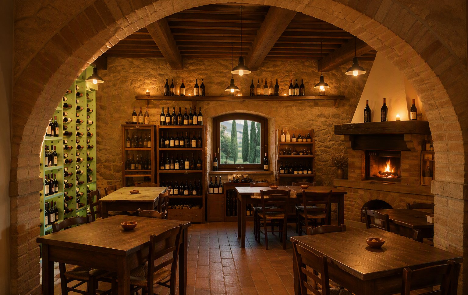 La sala con il camino e la volta in pietra